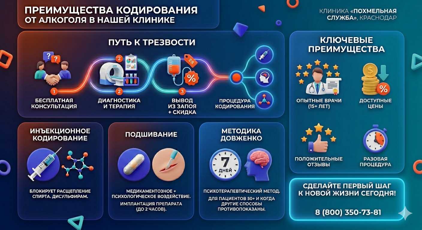 Инфографика о методах кодирования от алкоголя в Клинцах: инъекции, подшивание, метод Довженко. Преимущества клиники и этапы лечения.