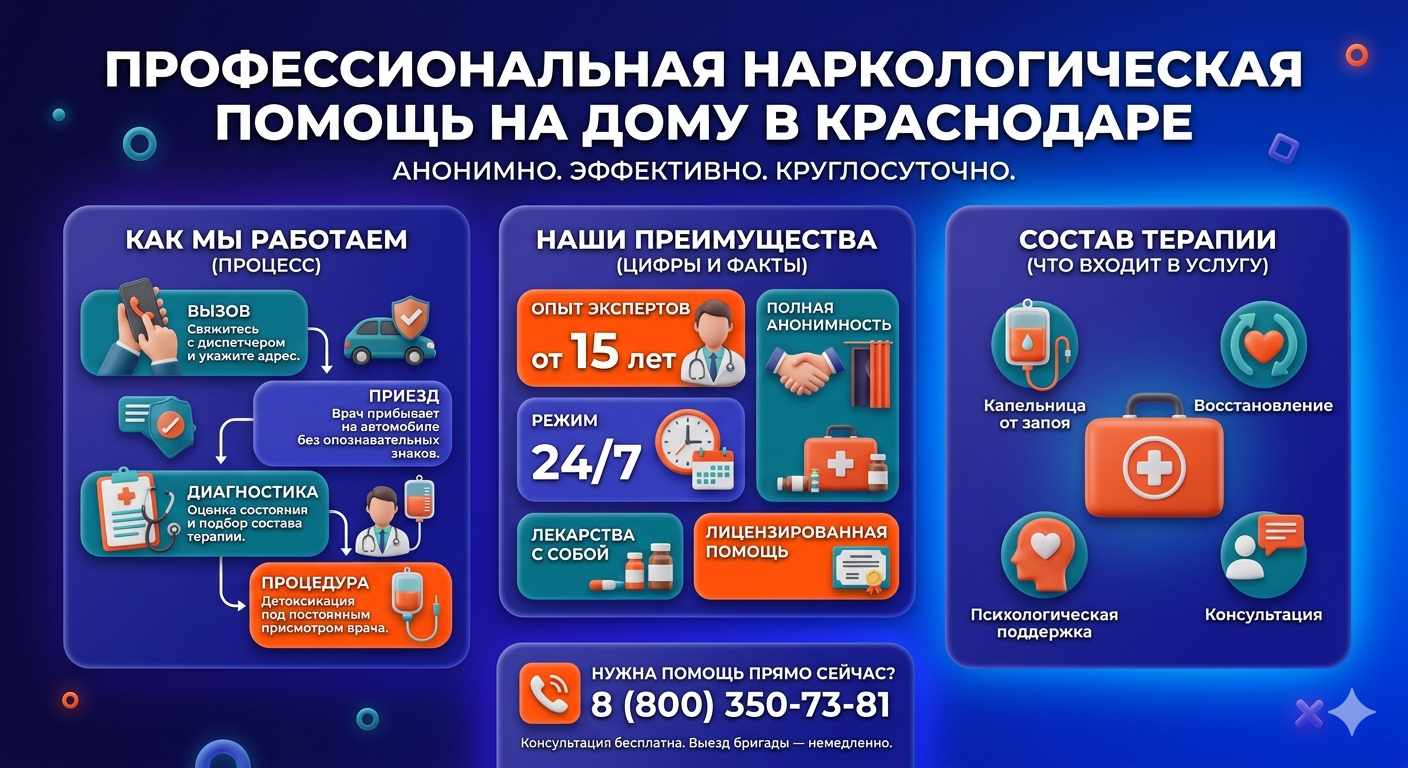 Инфографика о принципах лечения алкоголизма на дому в Клинцах: этапы вызова нарколога, преимущества анонимной детоксикации и состав медицинской помощи.
